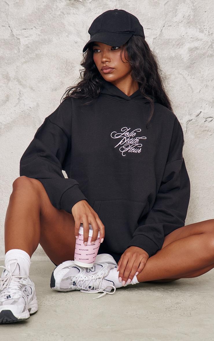 Black Italic Embroidered Oversized Hoodie Product Image