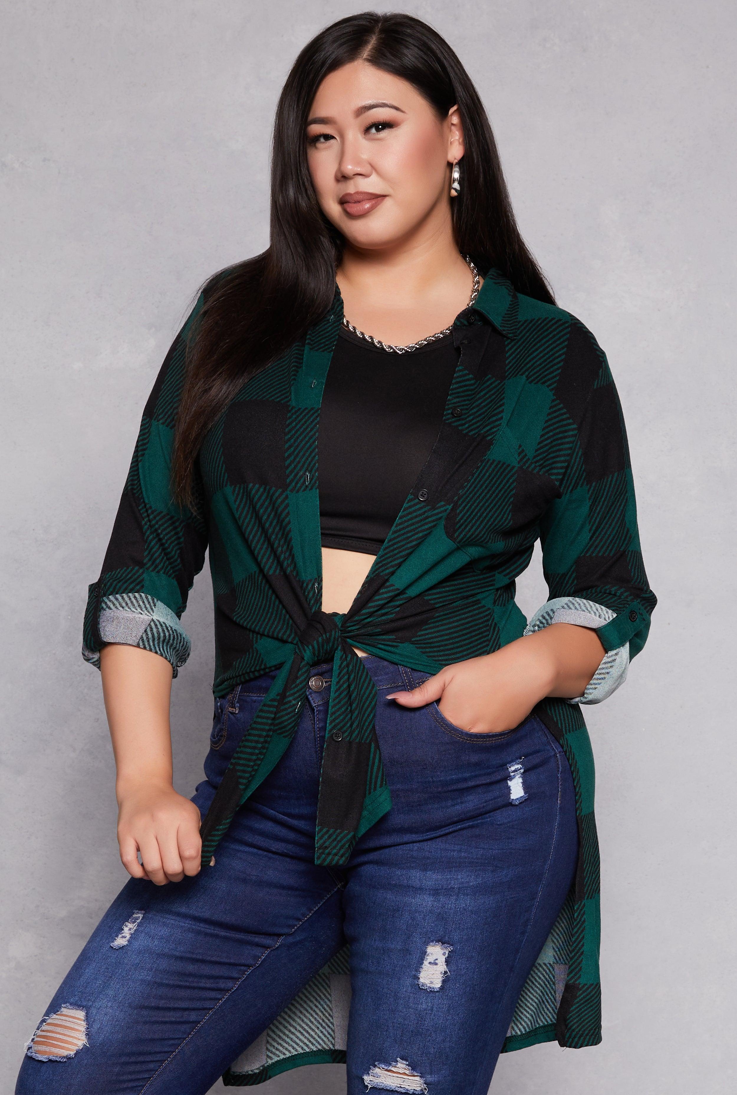 Womens Plus Size Plaid Tie Front High Low Top Product Image