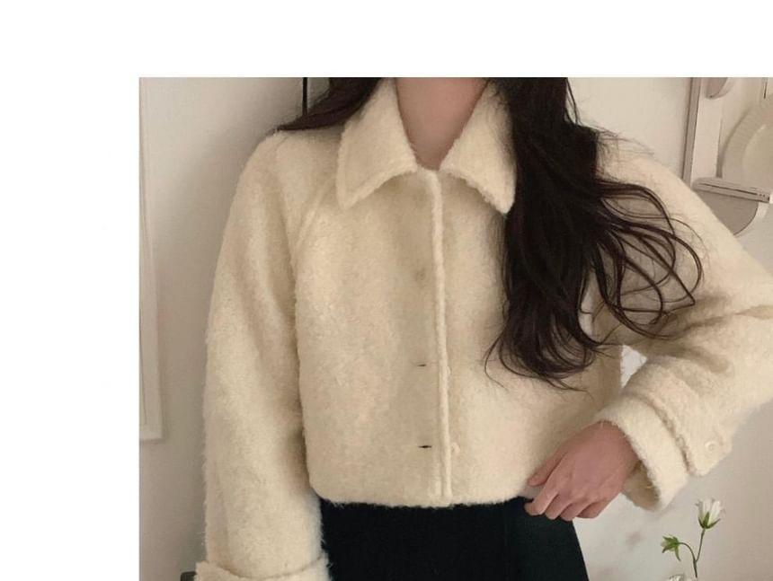 Collared Fleece Button-Up Crop Jacket Product Image