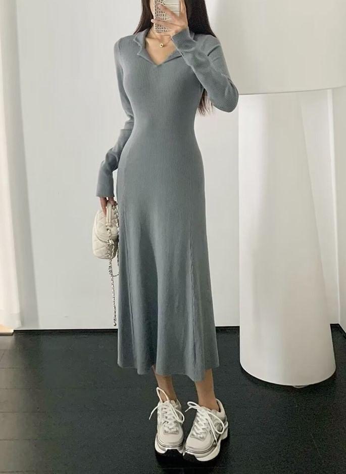 Long-Sleeve Collared Knit Midi A-Line Dress Product Image