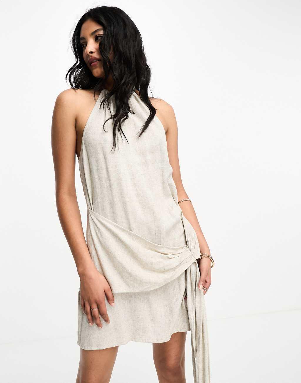 ASOS DESIGN linen halter mini sundress with big waist tie detail Product Image