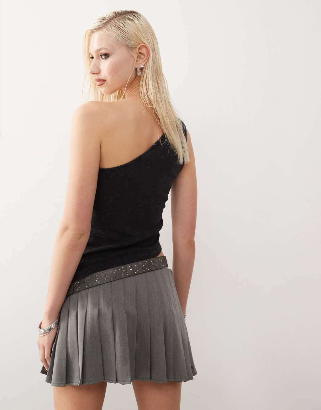 Noisy May one shoulder asymetric hem top in washed black Product Image