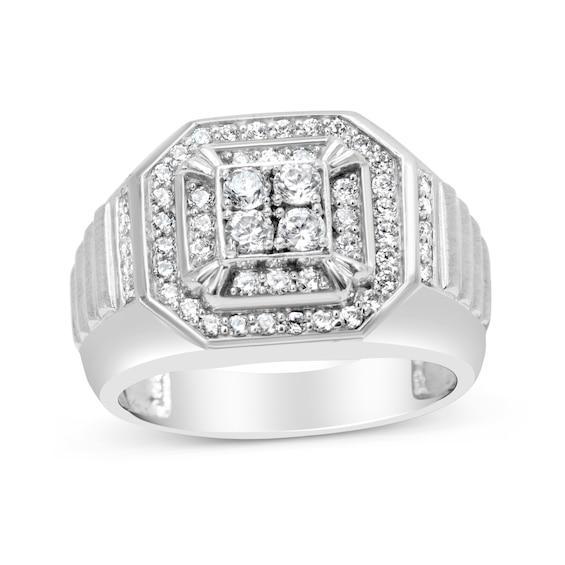 Men's 1 CT. T.w. Quad Diamond Octagonal Double Frame Ribbed Shank Ring in 10K White Gold Product Image