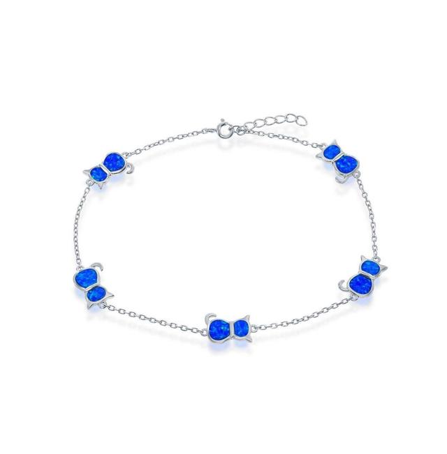 Sterling Silver & Lab-Created Opal Cat Pendants Anklet, Womens Blue Product Image