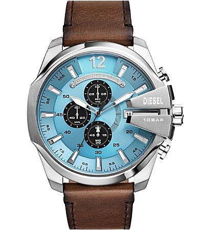 Diesel Mens Blue Dial Mega Chief Chronograph Brown Leather Watch Product Image