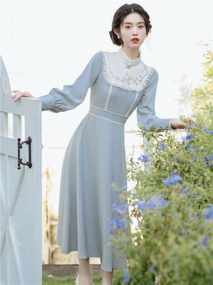 Long-Sleeve Stand Collar Floral Embroidered Lace Trim Midi A-Line Dress Product Image