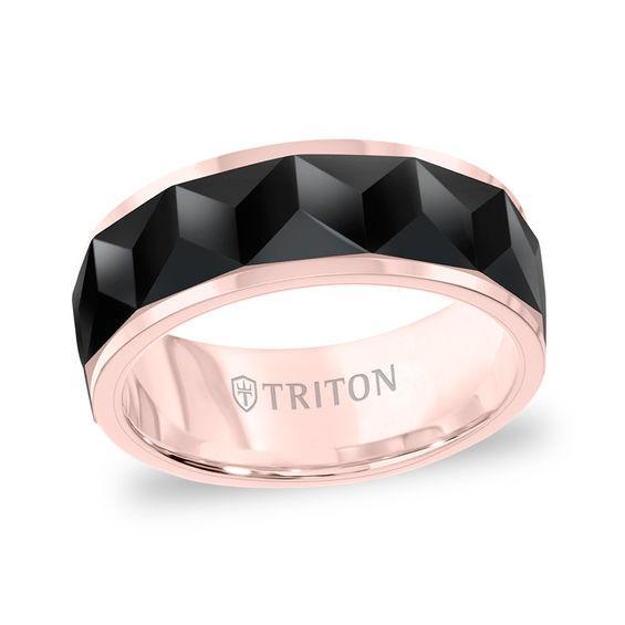 Triton Men's 8.0mm Comfort-Fit Faceted Center Wedding Band in Tungsten with Black and Rose-Tone IP Product Image