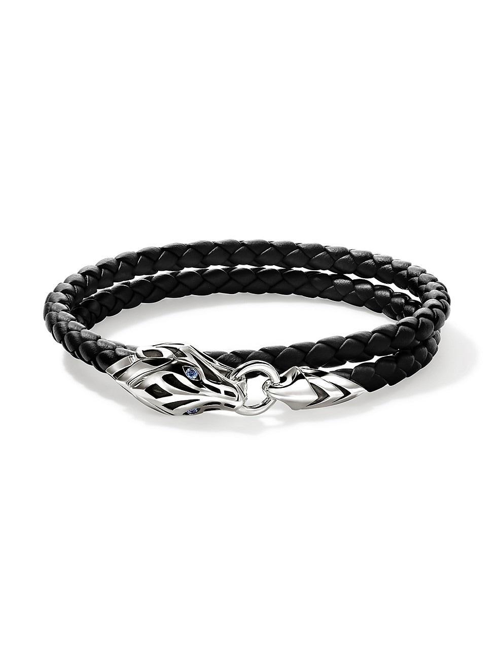 Mens Naga Sterling Silver, Leather & Blue Sapphire Wrap Bracelet Product Image