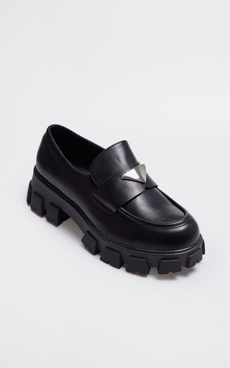 Black PU Round Toe Trim Chunky Sole Loafers Product Image