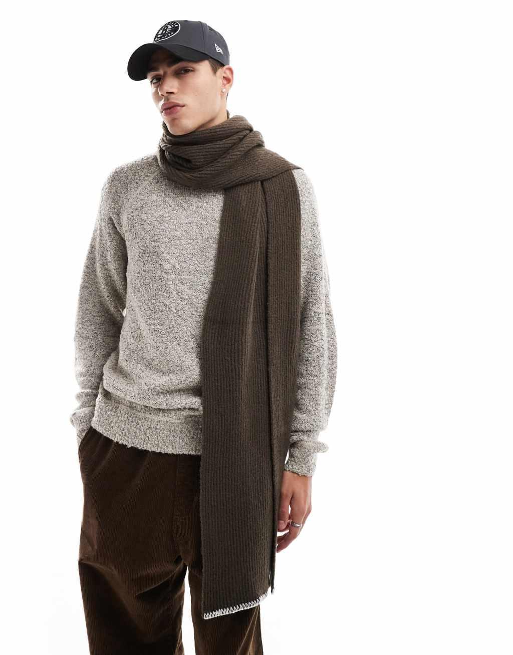 ASOS DESIGN knit scarf with stitch detail in brown Product Image