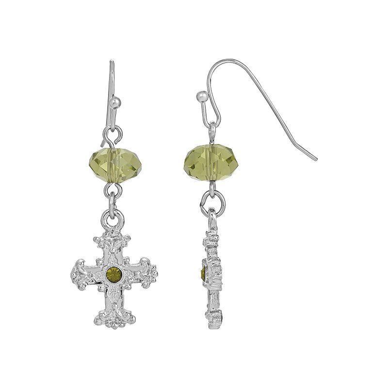 Symbols of Faith Silver-Tone Black Crystal Cross Drop Earrings, Womens, Green Product Image