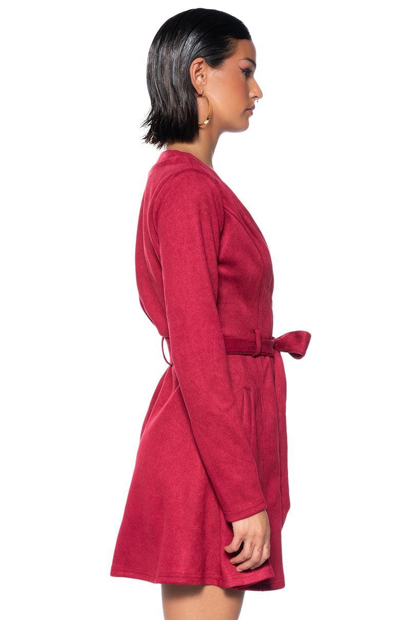 COVET FAUX SUEDE TRENCH MINI DRESS IN RED Product Image