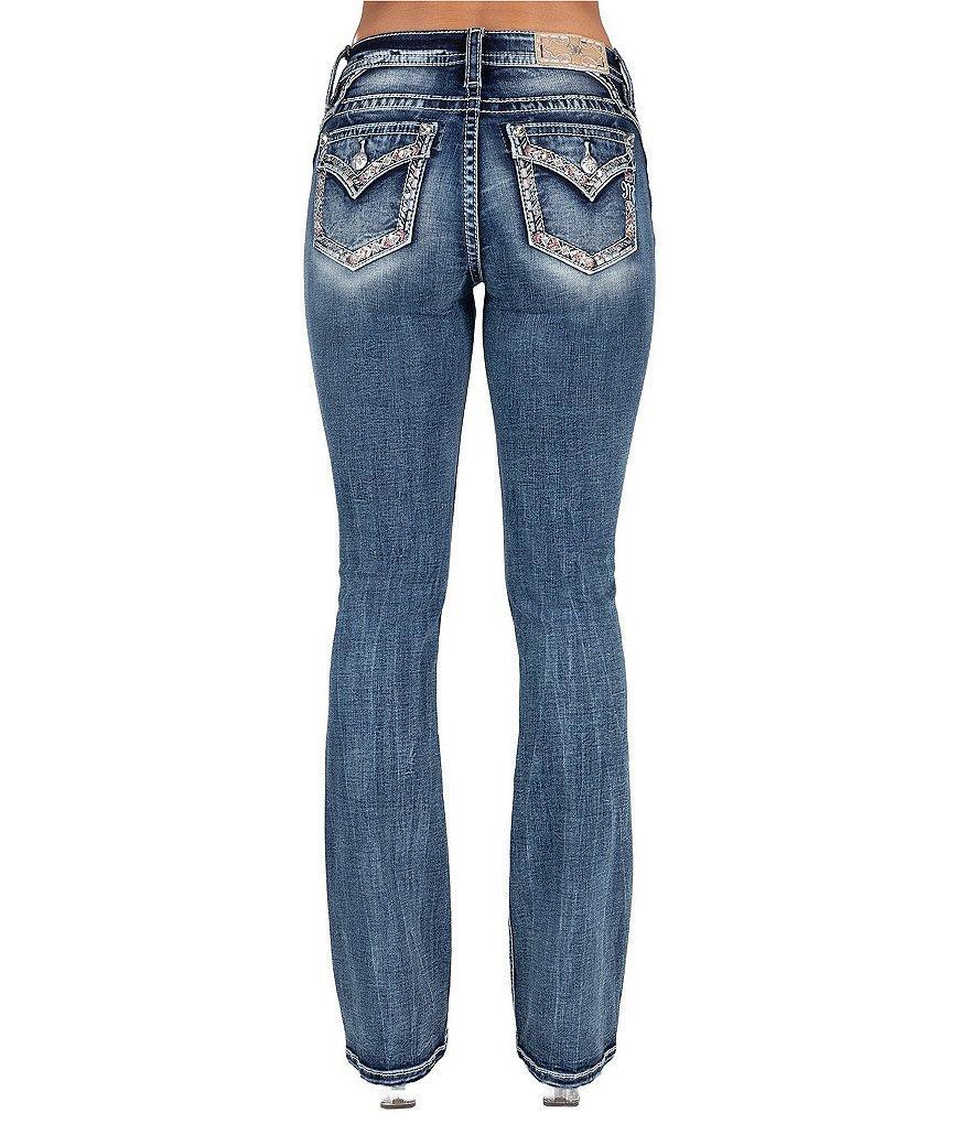 Miss Me Mid Rise Geometric Border Pocket Bootcut Jeans Product Image