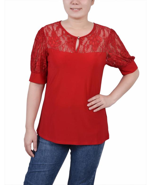 Womens Short Puff Sleeve Top with Lace Sleeves and Yoke Product Image