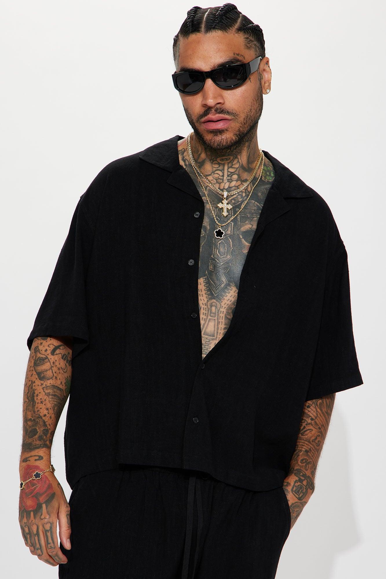 Solid Textured Linen Button Up Shirt - Black Product Image