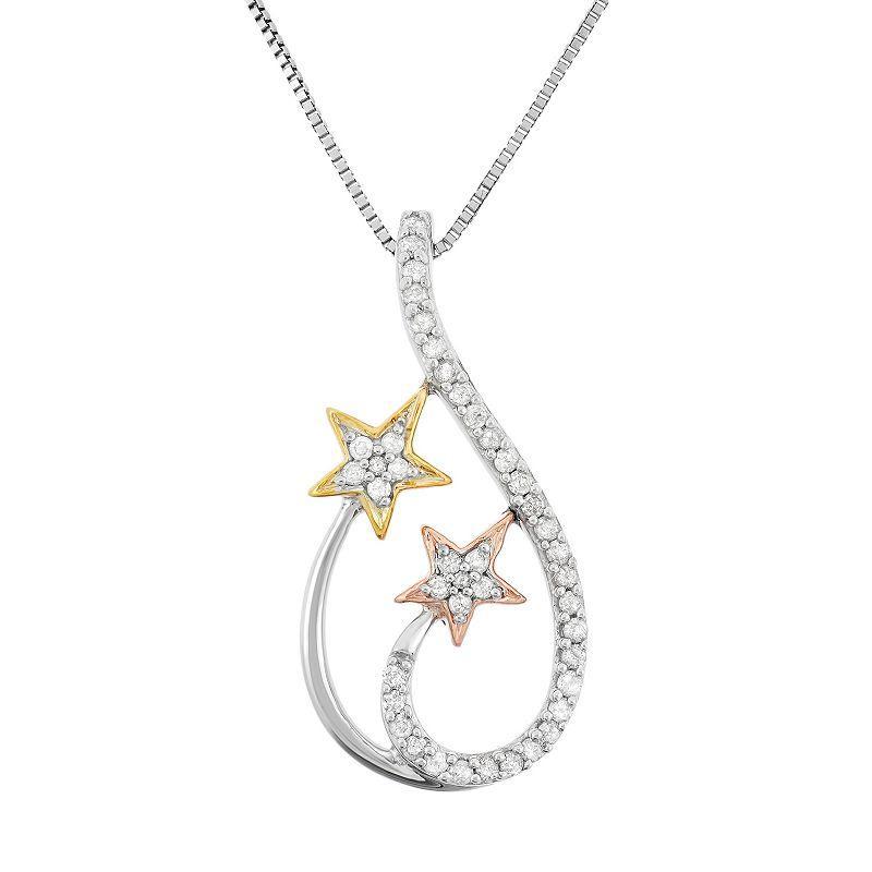 1/5 Carat T.W. Diamond Sterling Silver and 18k Gold Tri-Tone Star Teardrop Pendant Necklace, Womens White Product Image