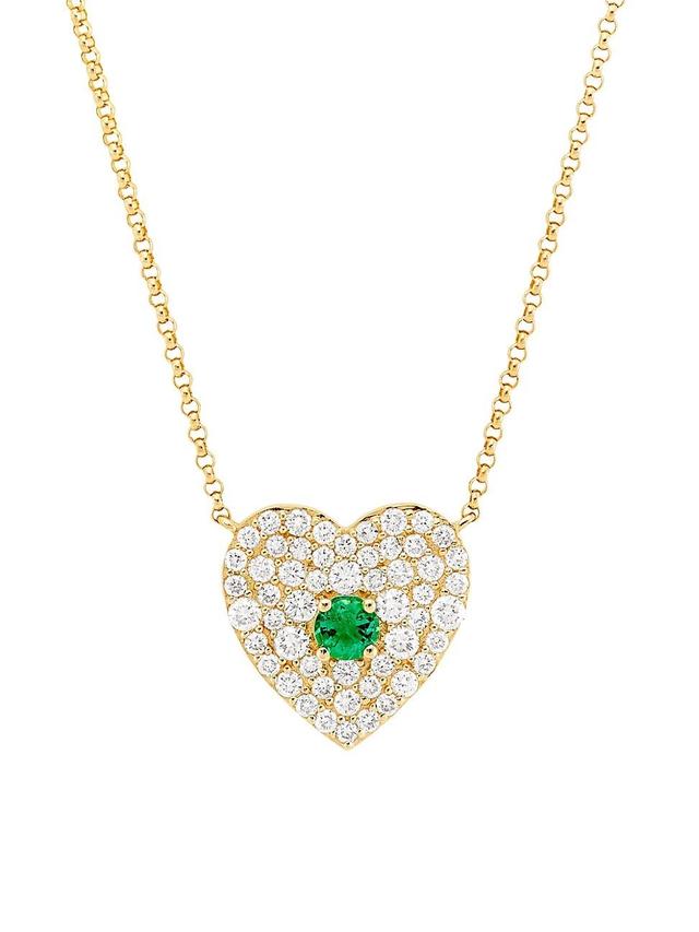 Womens 14K Yellow Gold, 0.05 TCW Diamond & Emerald Heart Pendant Necklace Product Image