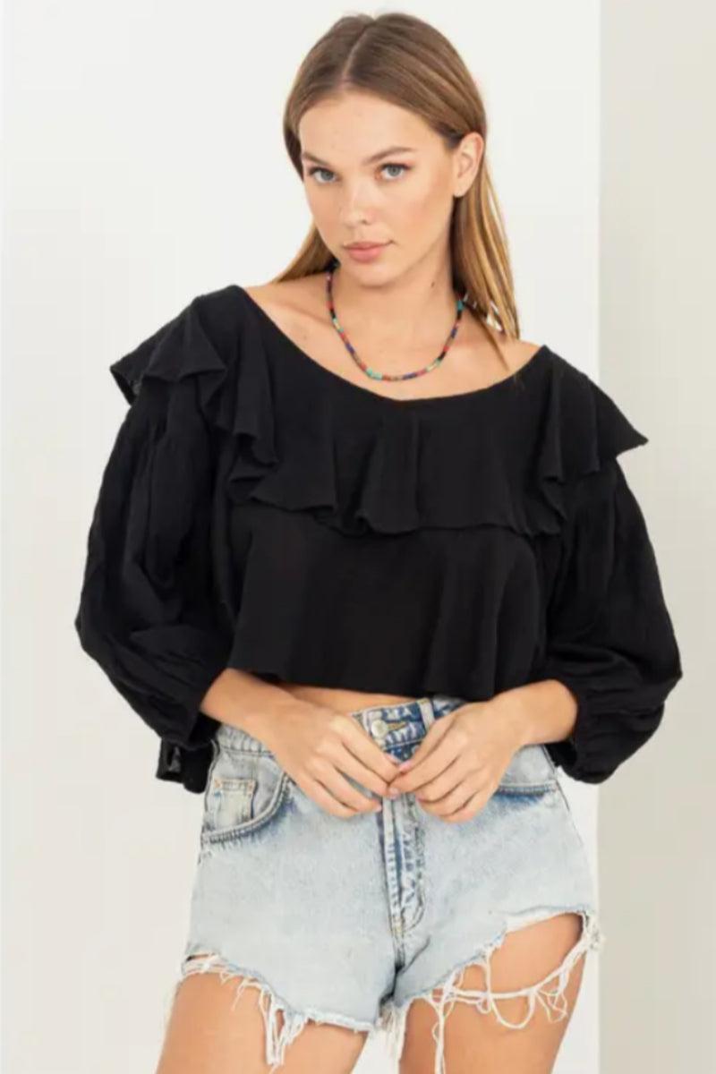 Sweetie Ruffled Three Quarter Sleeve Crop Top Product Image