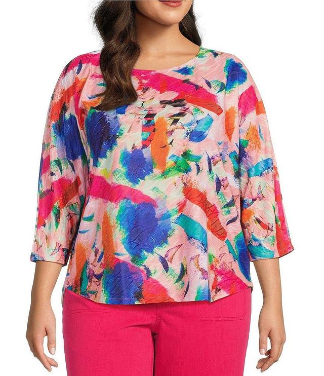 Leo & Nicole Plus Size Painterly Print Textured Knit Crew Neck 3/4 Dolman Sleeve Hi-Low Top Product Image