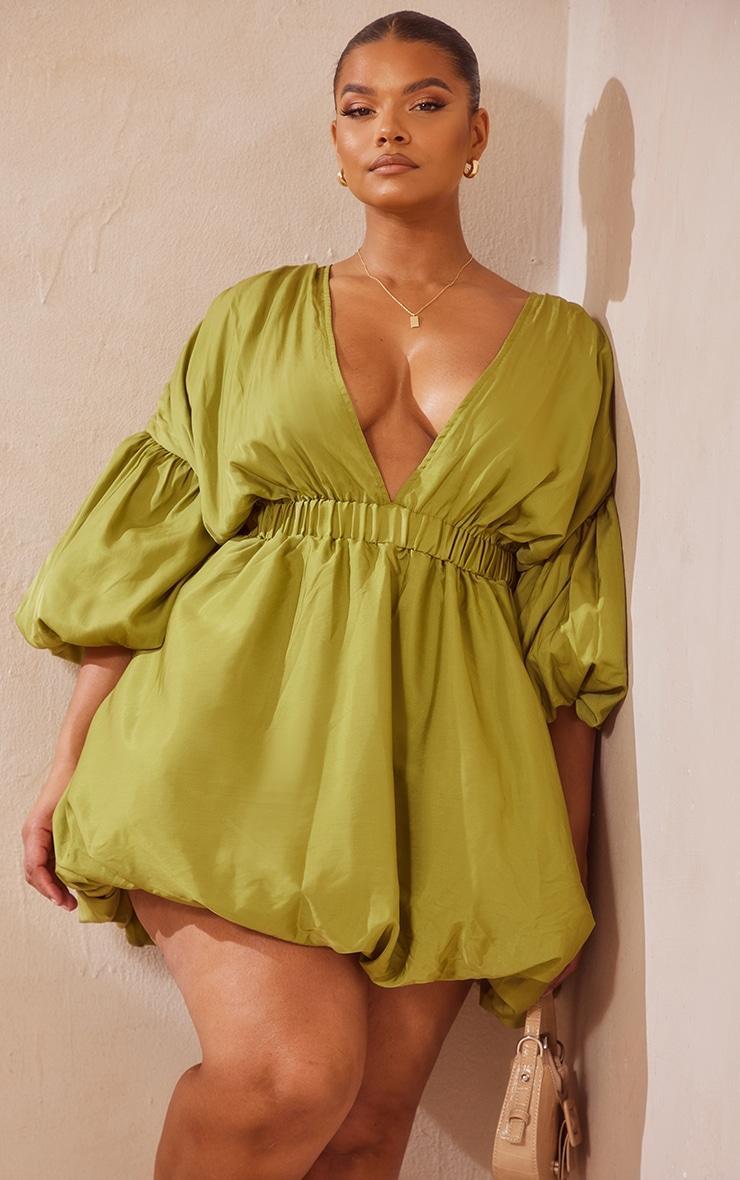 Plus Olive Puff Sleeve Puffball Hem Shift Dress Product Image