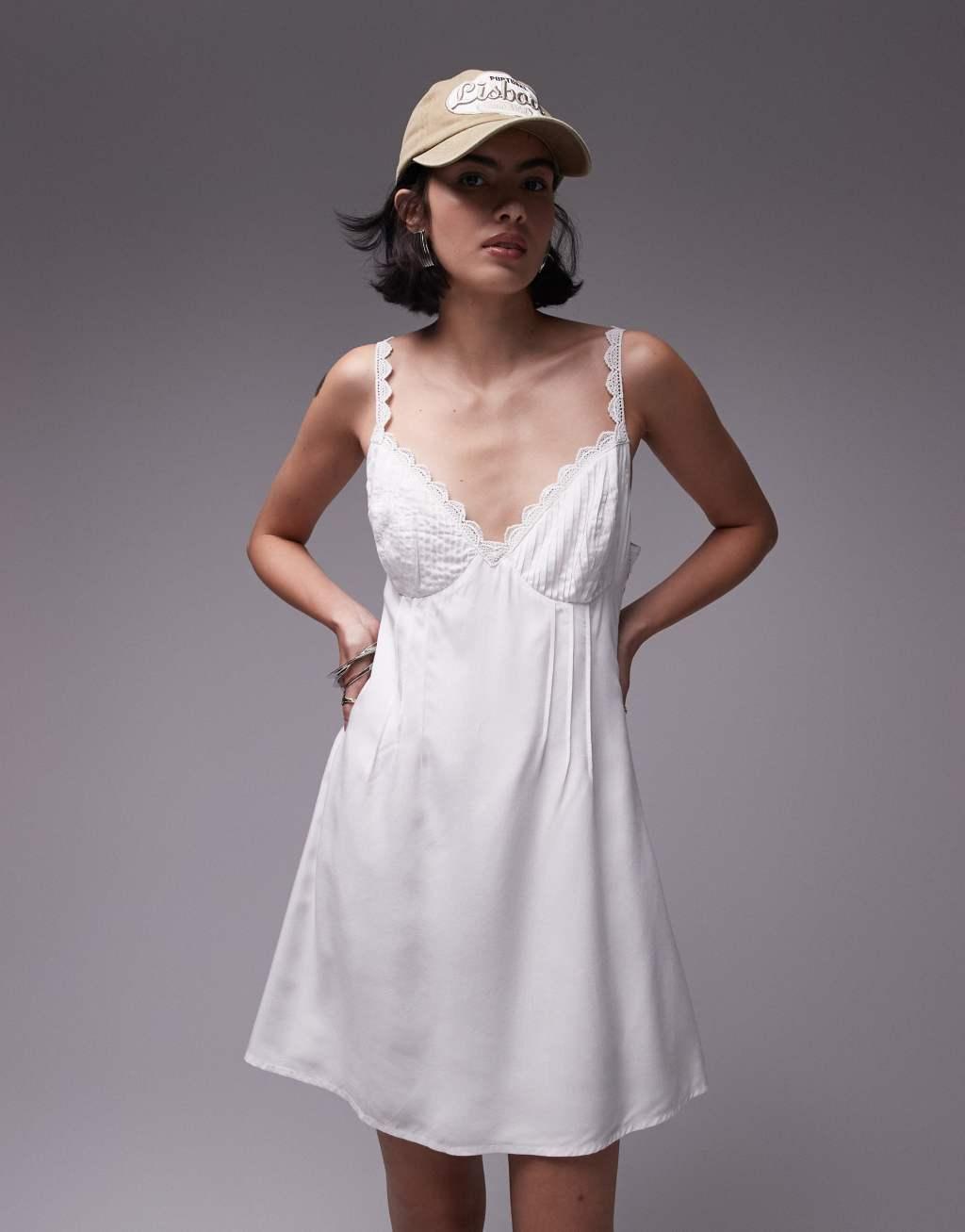 Topshop lace trim pin tuck bust mini dress in ivory Product Image