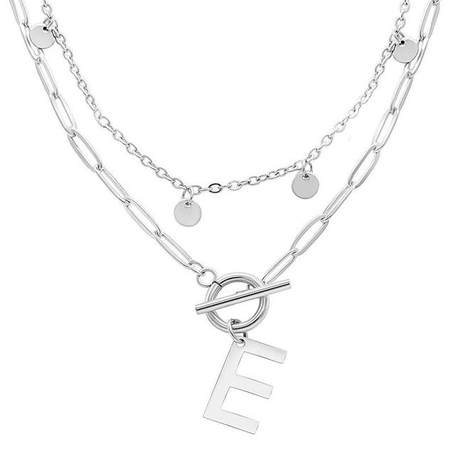 Adornia Silver Tone Confetti & Paperclip Layered Initial Toggle Necklace, Womens Silver Tone E Product Image