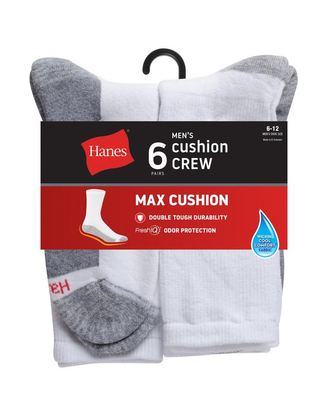 Hanes Double Tough Mens Crew Socks, Max Cushion, 6-Pairs Black/Grey 6-12 Product Image