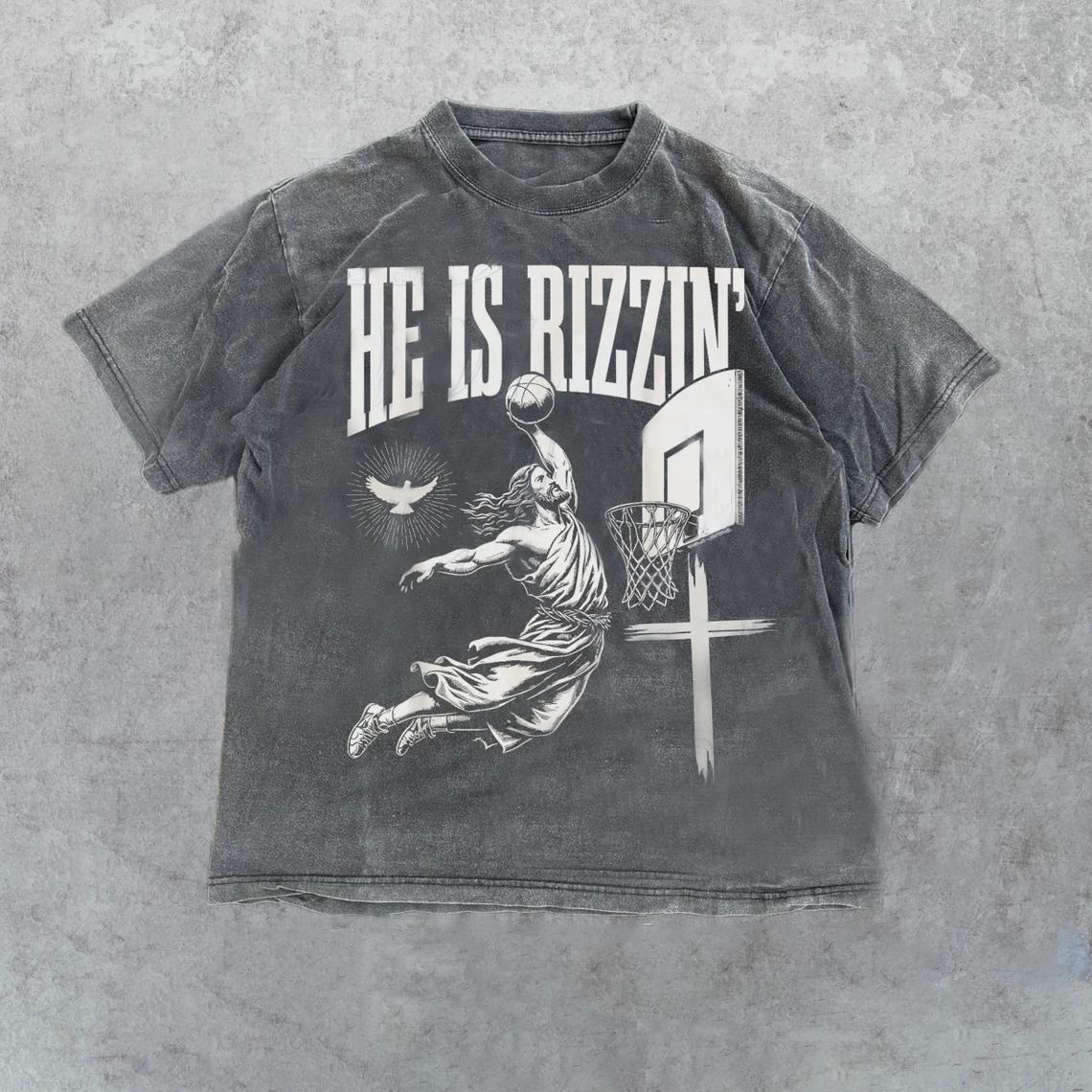 Vintage 90s Jesus He Is Rizzin Christian Basketball Graphic Washed T-Shirt Product Image