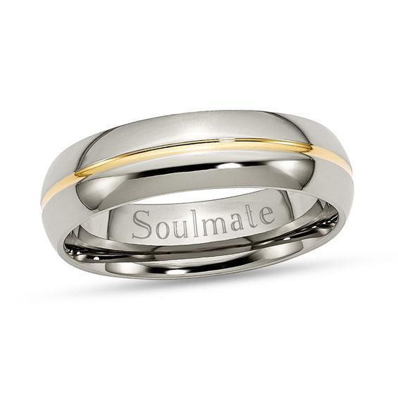 Men's 6.0mm Engravable Wedding Band in Titanium with 14K Gold Plate Inlay (1 Line) Product Image