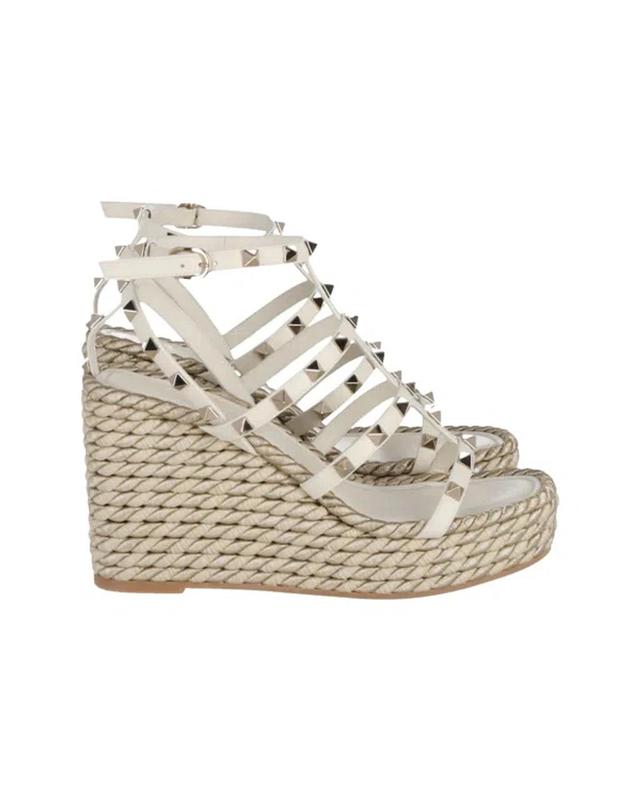 Rockstud Caged Wedge Sandals 95 In Ivory Calfskin Leather In White Product Image