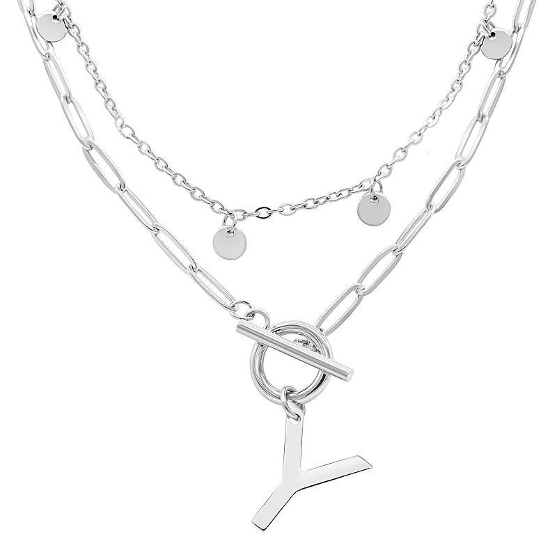 Adornia Silver Tone Confetti & Paperclip Layered Initial Toggle Necklace, Womens Silver Tone Y Product Image