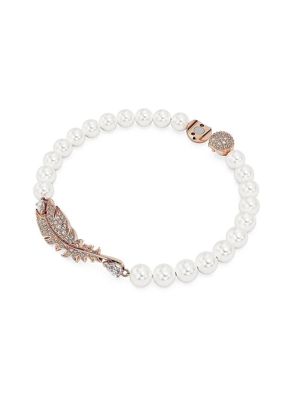 Womens Nice Rose-Goldtone, Imitation Pearl & Swarovski Crystal Feather Charm Bracelet Product Image