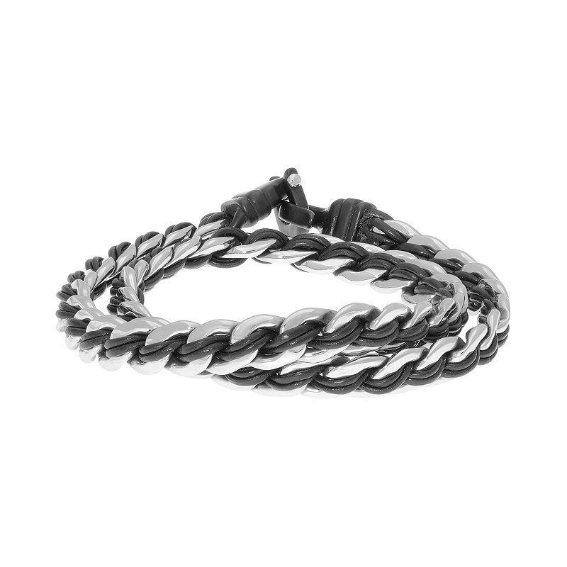 Mens LYNX Stainless Steel Leather Layered Bracelet Black Product Image