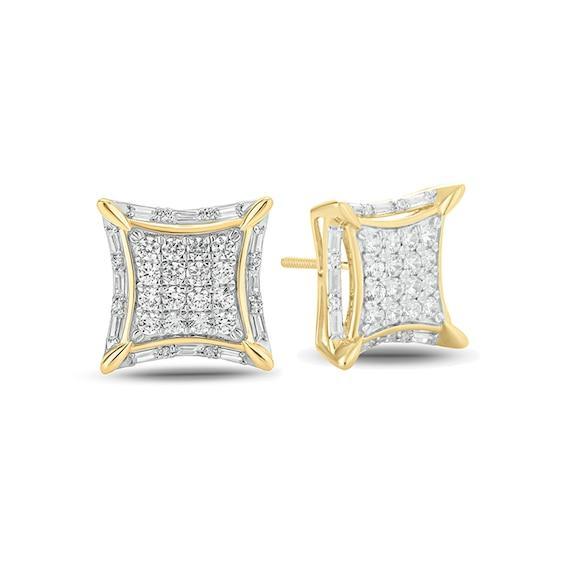 Men's 1 CT. T.w. Baguette and Round Composite Diamond Concave Square Stud Earrings in 10K Gold Product Image