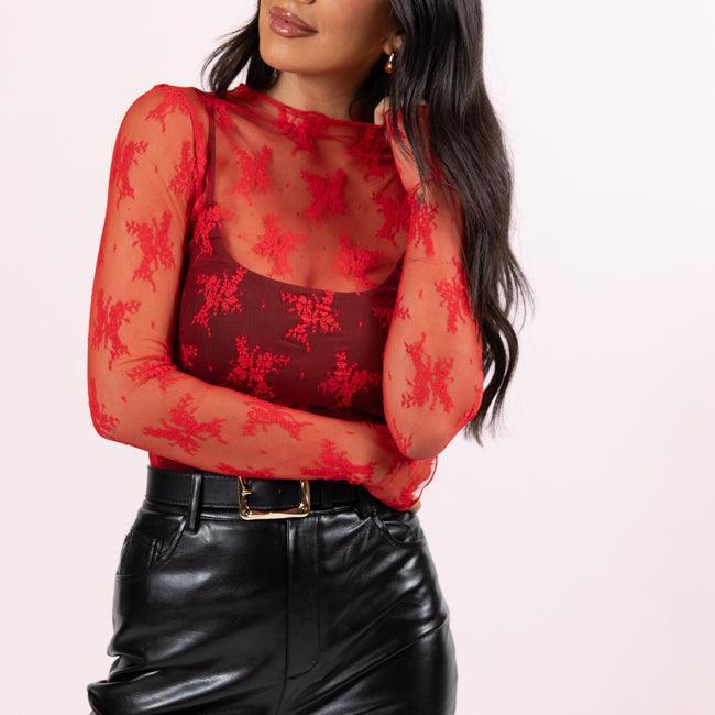 Speak Your Truth Red Mock Neck Lace Layering Blouse Product Image