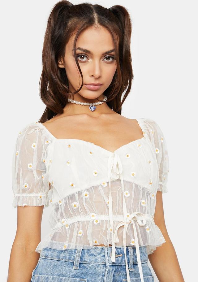 Floral Puff Sleeve Sheer Tie Crop Top - White Product Image