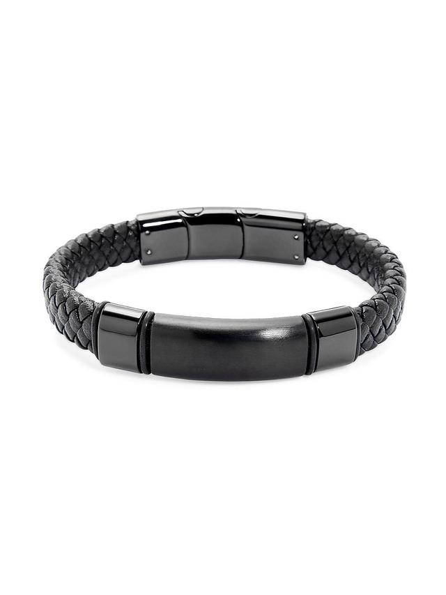 Mens Black Stainless Steel & Braided Leather ID Bracelet Product Image