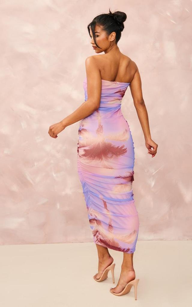 Purple Palm Print Mesh Bandeau Ruched Maxi Dress Product Image