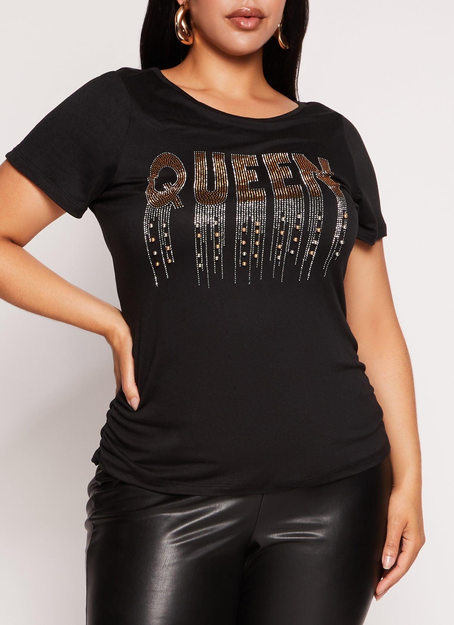 Womens Plus Size Queen Rhinestone Beaded Graphic Tee Product Image