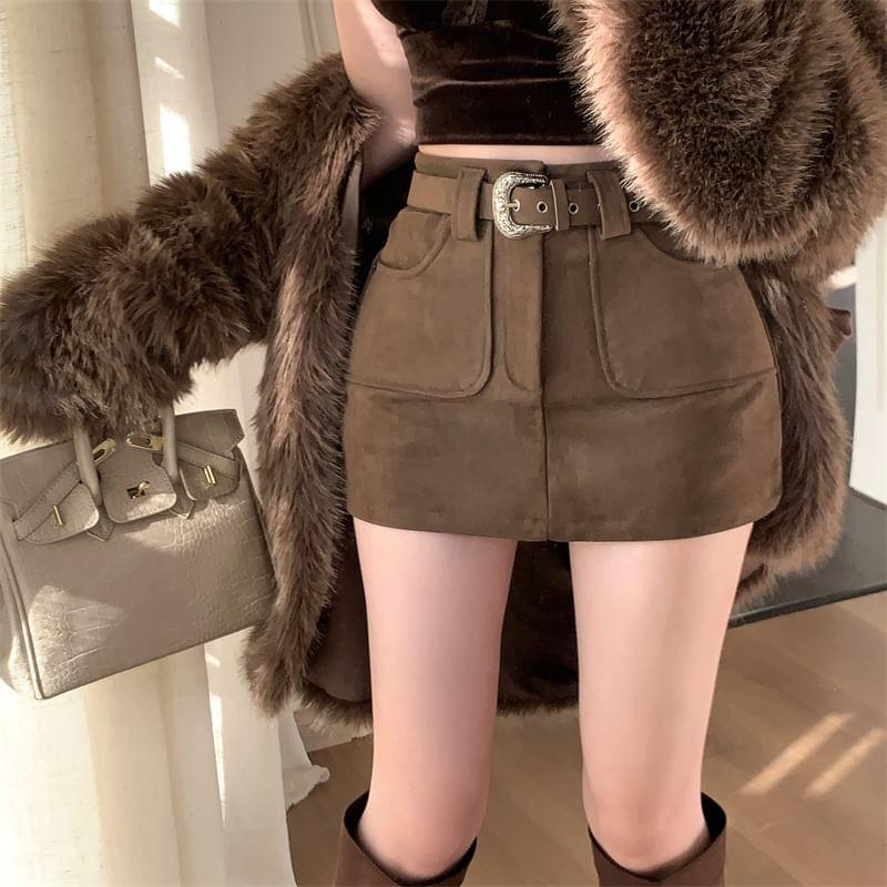 High Rise Plain Faux Suede Mini Pencil Skirt Product Image