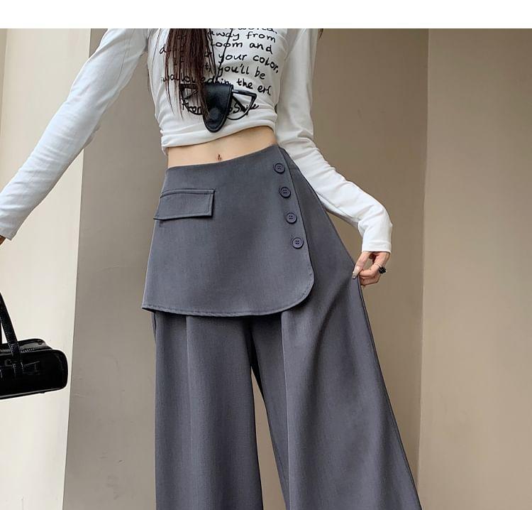 High Rise Mock Two-Piece Plain Buttoned Wide Leg Dress Pants Product Image