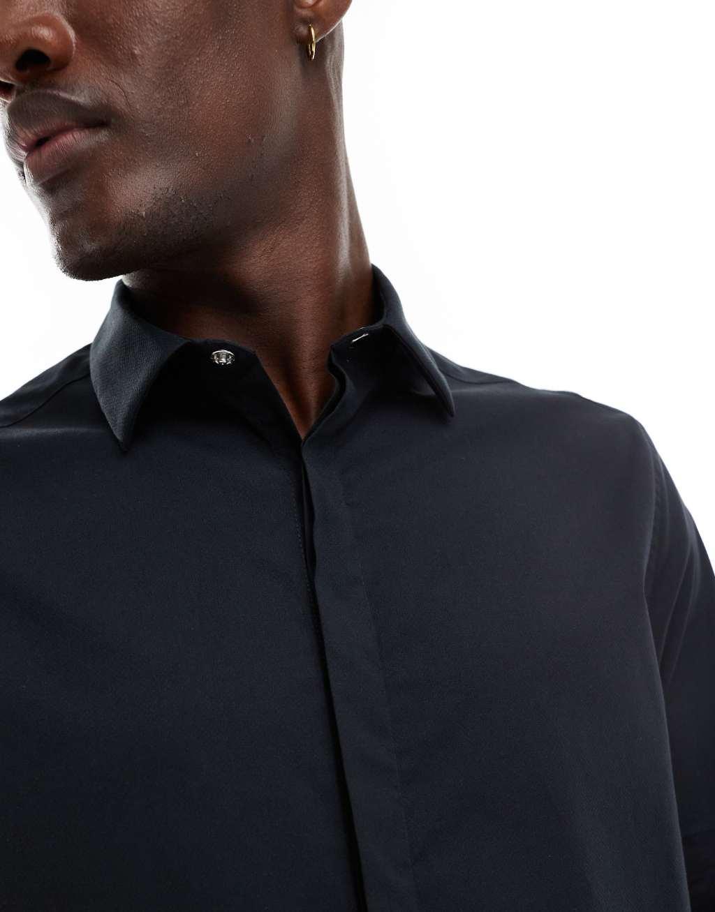 ASOS DESIGN Wedding regular textured shirt with square collar in black Product Image