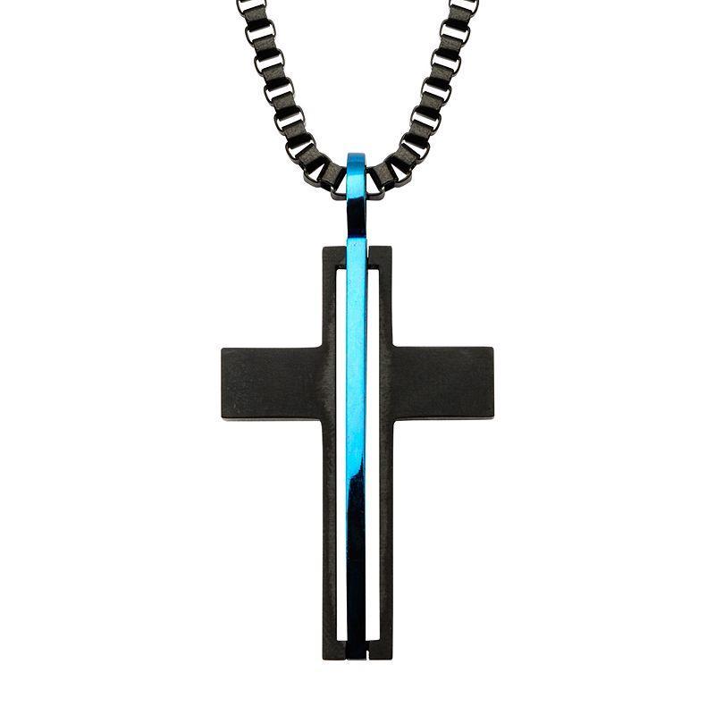 Mens Stainless Steel Black & Blue Cross Pendant Necklace Multicolor Product Image