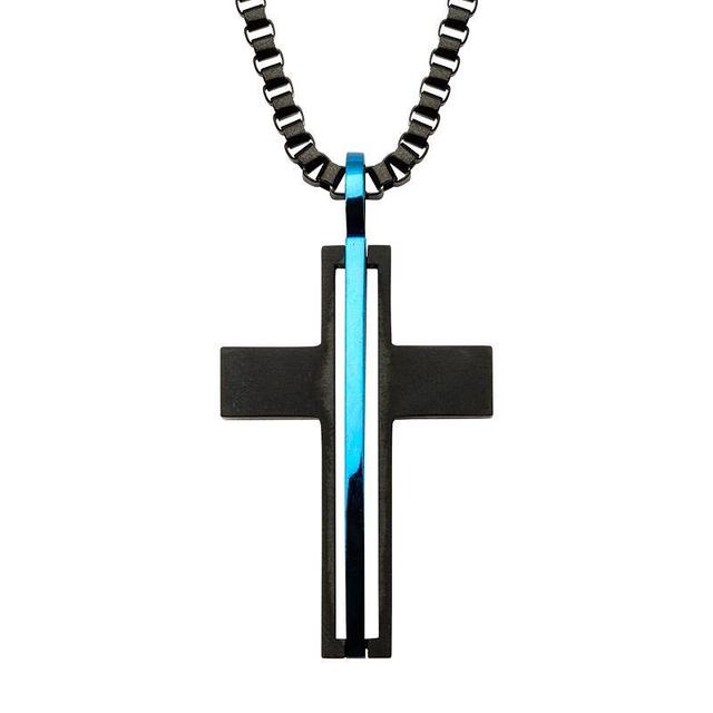 Mens Stainless Steel Black & Blue Cross Pendant Necklace Multicolor Product Image