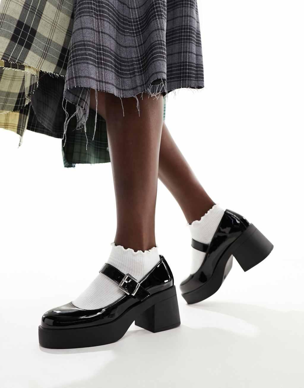 ASOS DESIGN Sebastian chunky mary jane heeled shoes in black patent Product Image