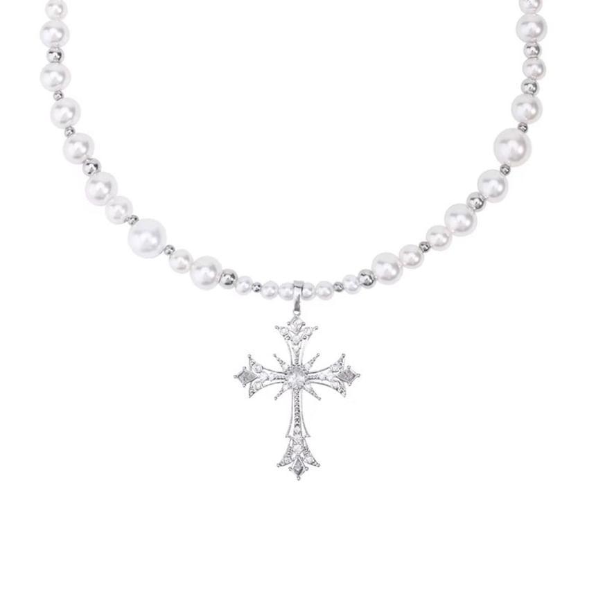 Cross Rhinestone Pendant Faux Pearl Necklace Product Image