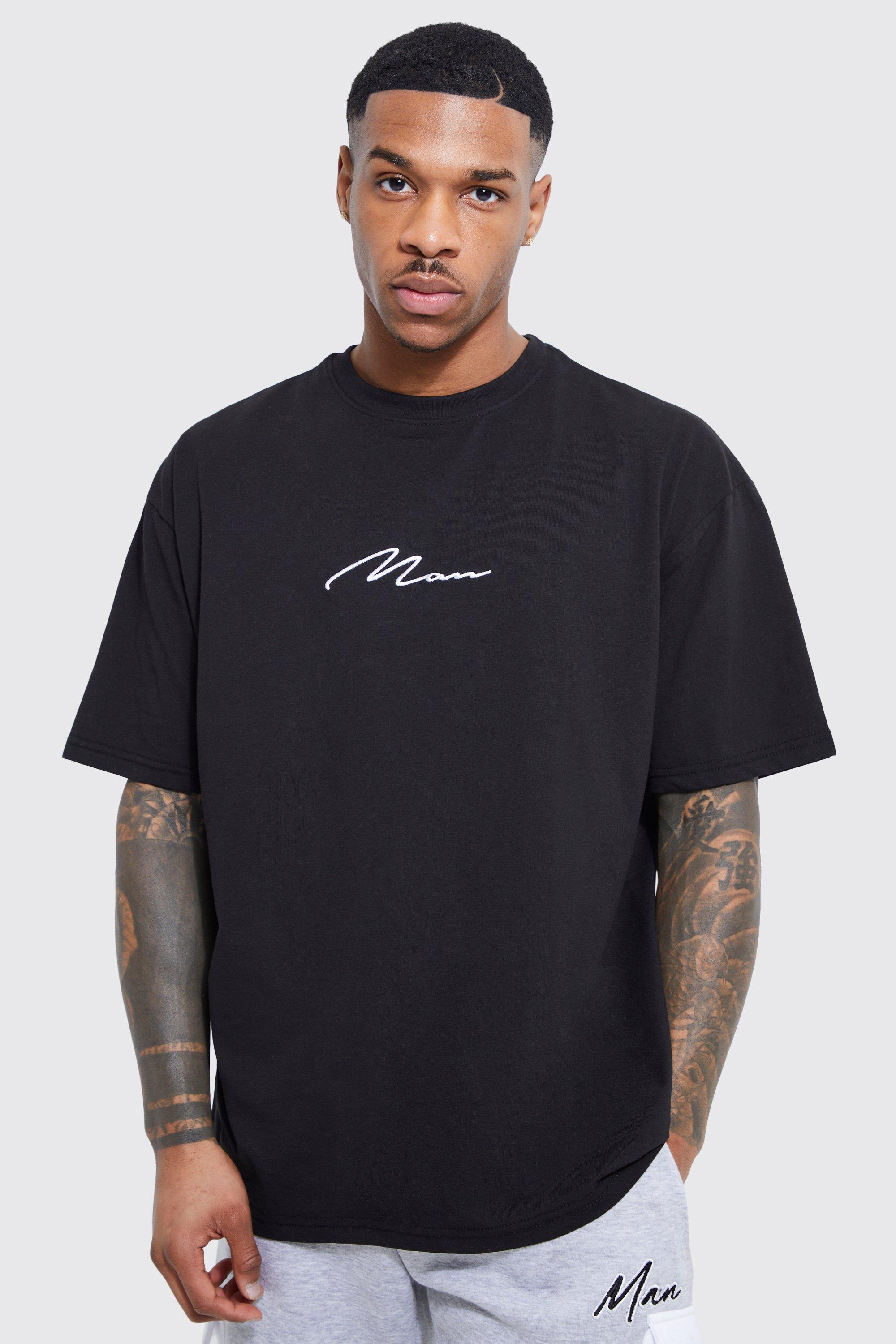 Mens Black Man Signature Oversized Crew Neck T-shirt, Black Product Image