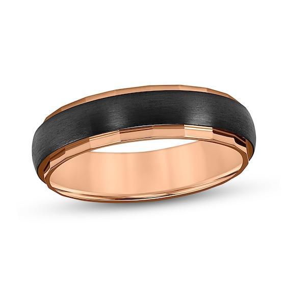 Men's 6.0mm Faceted Edge Satin Textured Center Stripe Engravable Wedding Band in Two-Tone Titanium (1 Line) Product Image