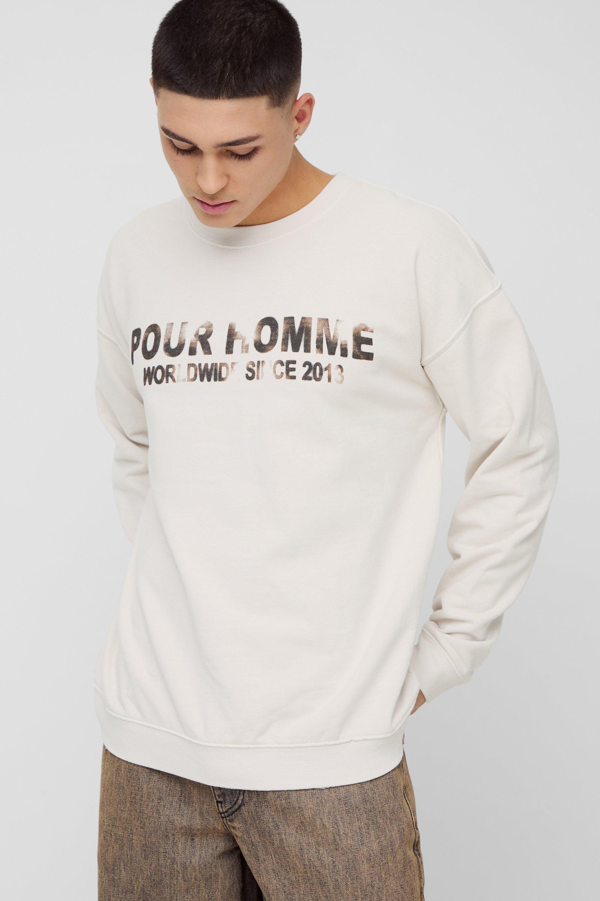 Oversized Pour Homme Vintage Slogan Print Sweatshirt | boohooMAN USA Product Image