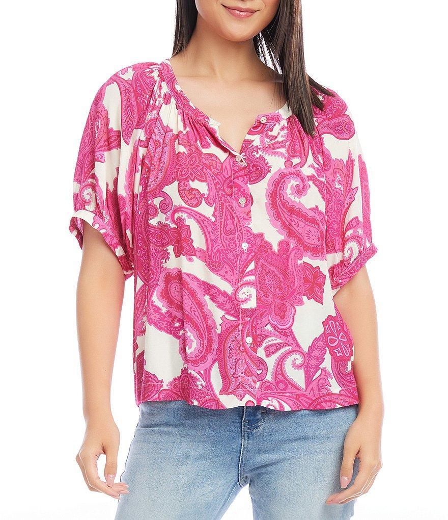 Karen Kane Scoop Neck Button Front Short Sleeve Paisley Peasant Top Product Image